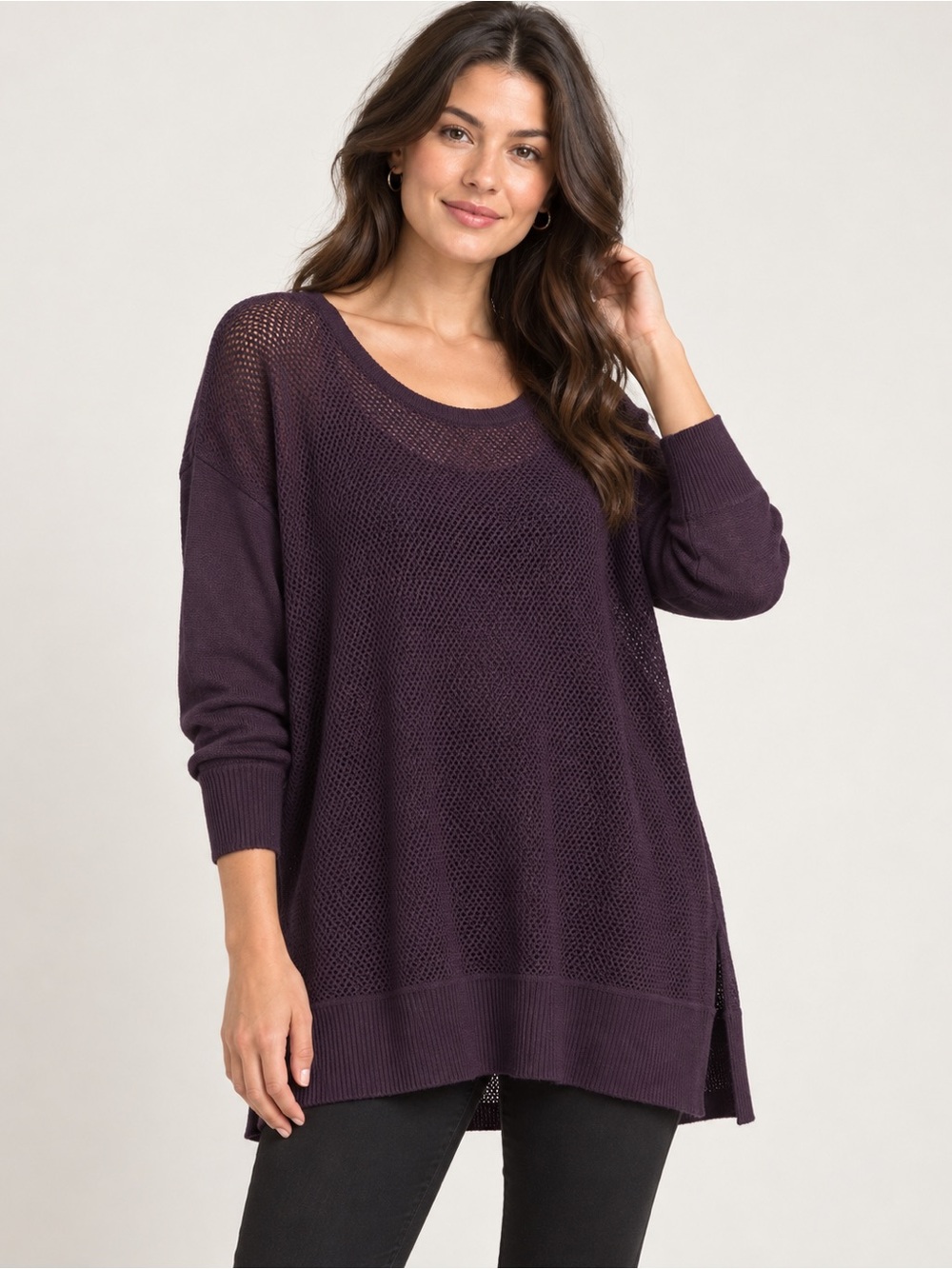 Women’s Plum Purple Open Knit Mesh Tunic Sweater Long Sleeve XL